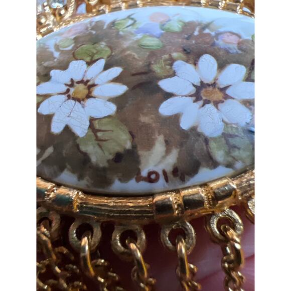 MCM gold tone multi tier chain tassel necklace painted cabochon Victorian revivl - Picture 6 of 8